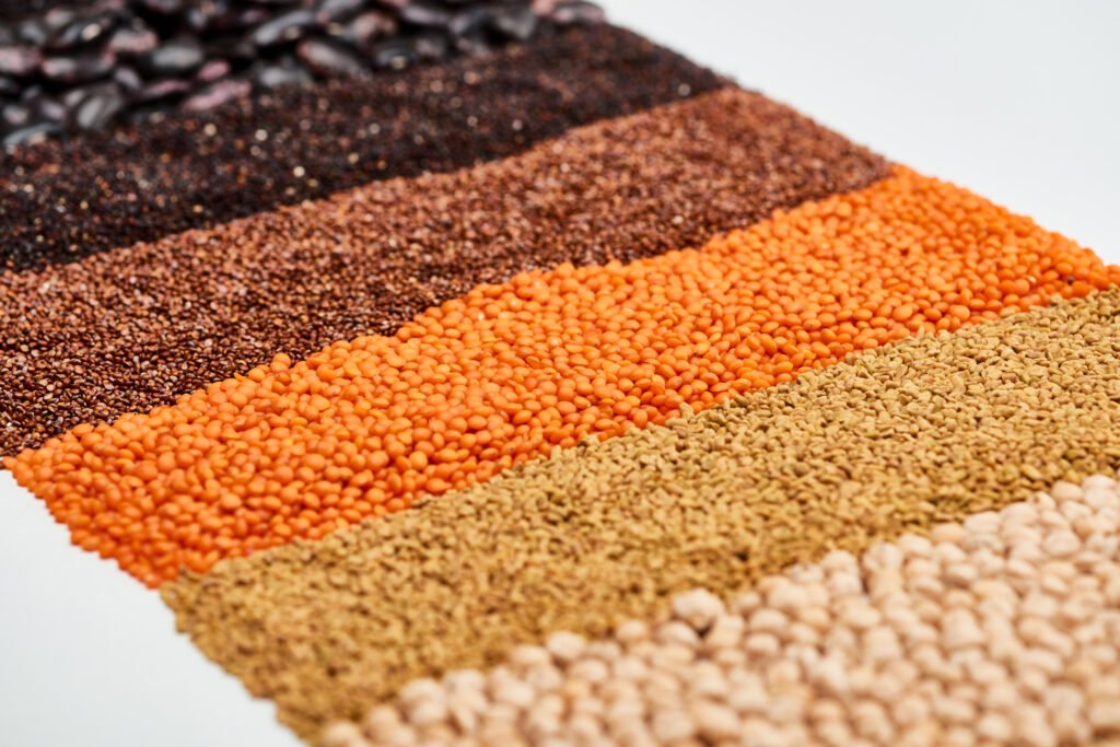 Rows With Raw Legumes And Grains Isolated on White